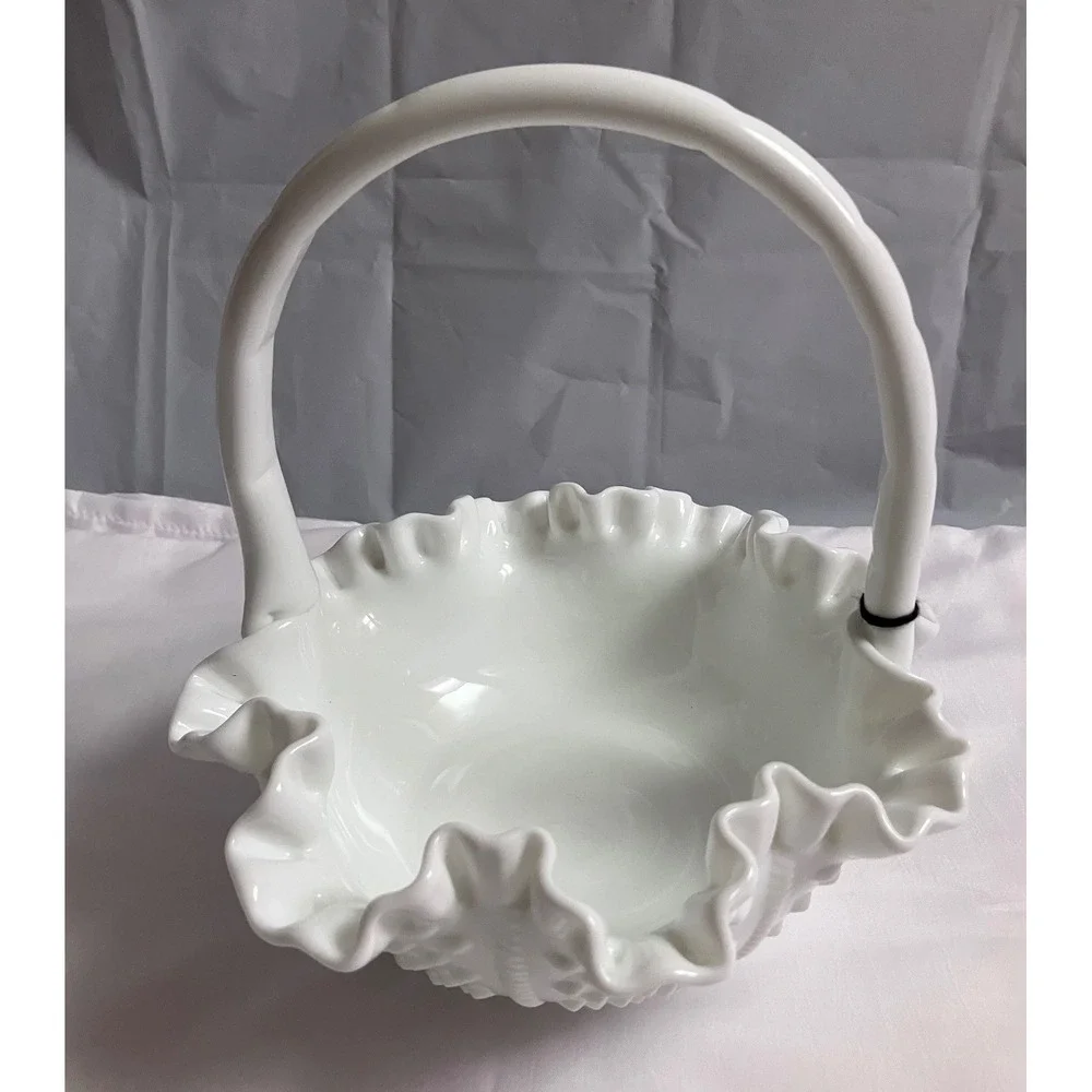Authentic Mint Condition Vintage Fenton Milk Glass Hobnail Ruffled Basket w/Tags